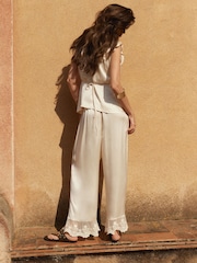 BHOEM Ecru Embroidered Lace Detail Fluid Satin Pull On Trousers - Image 5 of 6