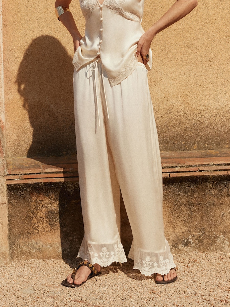 BHOEM Ecru Embroidered Lace Detail Fluid Satin Pull On Trousers - Image 6 of 6