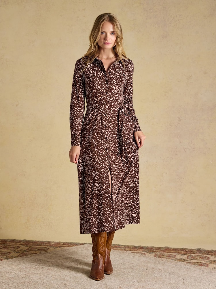 Joules Theodora Brown Spot Jersey Shirt Dress - Image 1 of 6 Joules Theodora Brown Spot Jersey Shirt Dress - Image 1 of 6