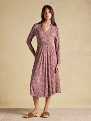 Joules Mina Brown Jersey V Neck Ruched Waist Midi Dress - Image 1 of 8