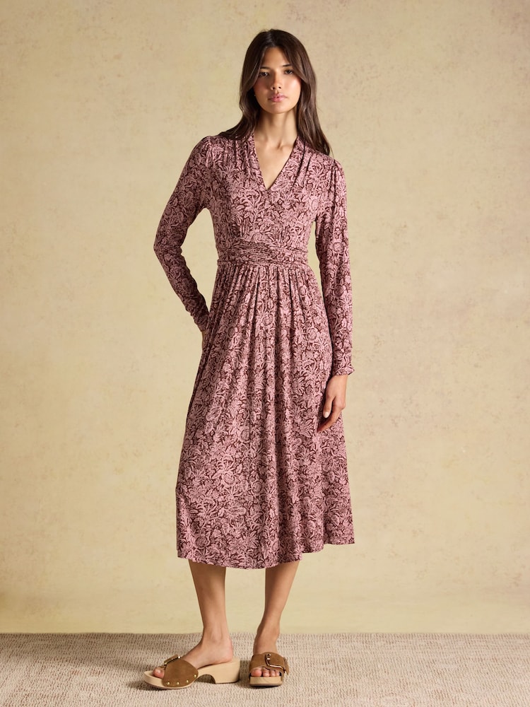 Joules Mina Brown Jersey V Neck Ruched Waist Midi Dress - Image 1 of 8 Joules Mina Brown Jersey V Neck Ruched Waist Midi Dress - Image 1 of 8
