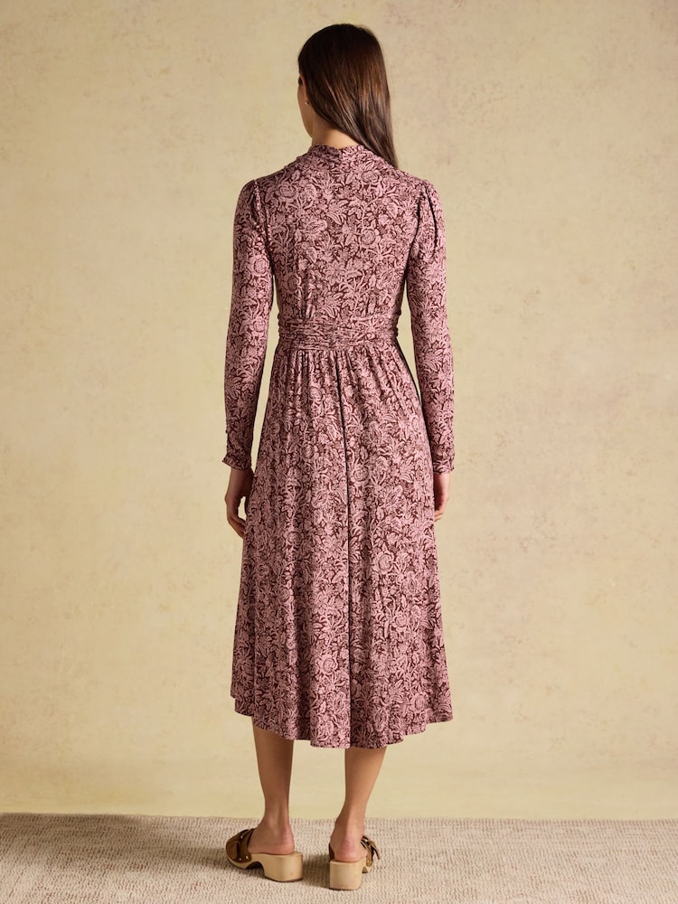 Joules Mina Brown Jersey V Neck Ruched Waist Midi Dress - Image 2 of 8 Joules Mina Brown Jersey V Neck Ruched Waist Midi Dress - Image 2 of 8