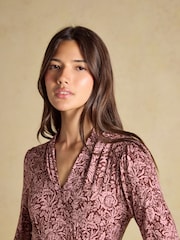 Joules Mina Brown Jersey V Neck Ruched Waist Midi Dress - Image 3 of 8
