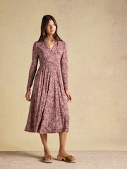 Joules Mina Brown Jersey V Neck Ruched Waist Midi Dress - Image 5 of 8