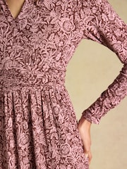 Joules Mina Brown Jersey V Neck Ruched Waist Midi Dress - Image 6 of 8