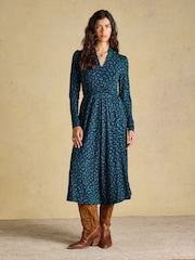 Joules Mina Blue/Green Spot Jersey V Neck Ruched Waist Midi Dress - Image 1 of 7
