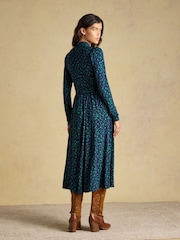 Joules Mina Blue/Green Spot Jersey V Neck Ruched Waist Midi Dress - Image 2 of 7