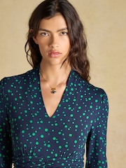 Joules Mina Blue/Green Spot Jersey V Neck Ruched Waist Midi Dress - Image 3 of 7