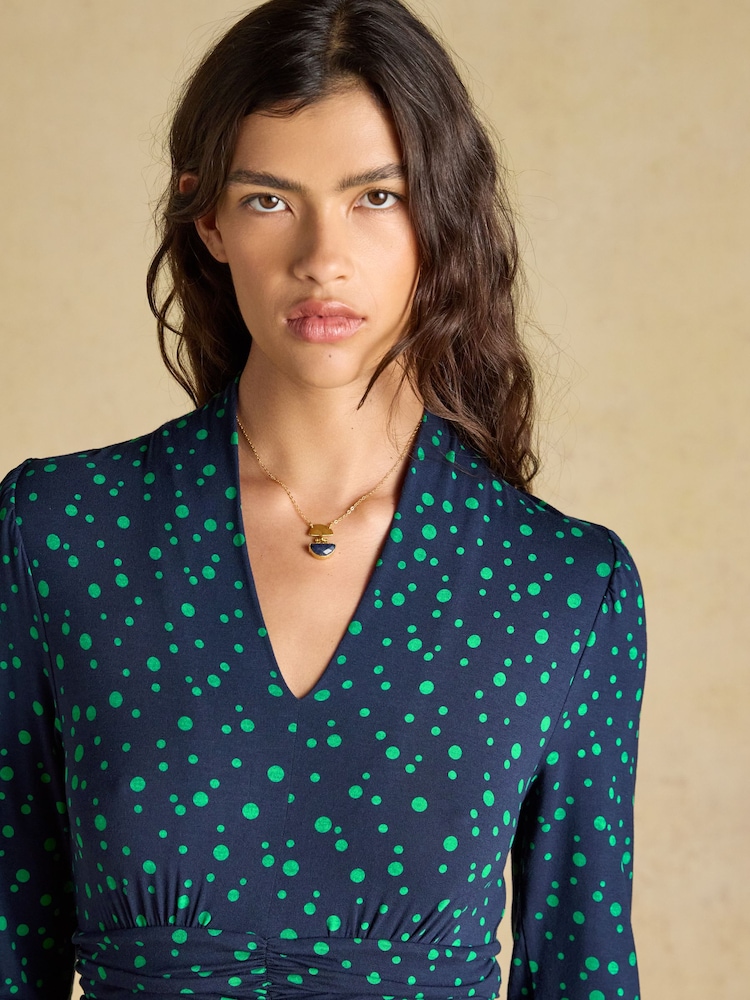 joules ladies dresses Womens Mina Blue/Green Spot Jersey V Neck Ruched Waist Midi Dress US 4 clubbing outfit