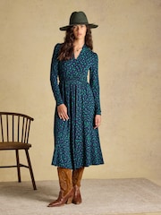 Joules Mina Blue/Green Spot Jersey V Neck Ruched Waist Midi Dress - Image 4 of 7