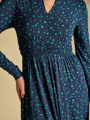 Joules Mina Blue/Green Spot Jersey V Neck Ruched Waist Midi Dress - Image 5 of 7