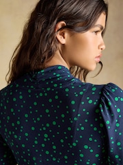 Joules Mina Blue/Green Spot Jersey V Neck Ruched Waist Midi Dress - Image 6 of 7