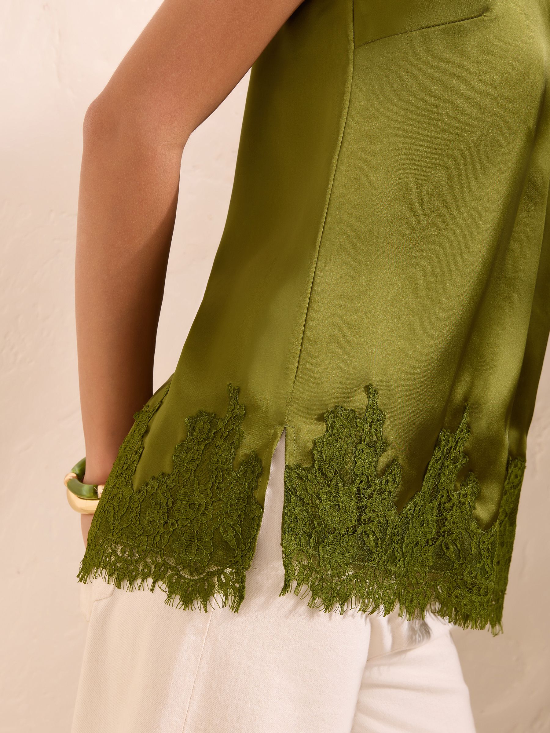 Buy Friends Like These Olive Green Lace Trim V-Neck Satin Cami