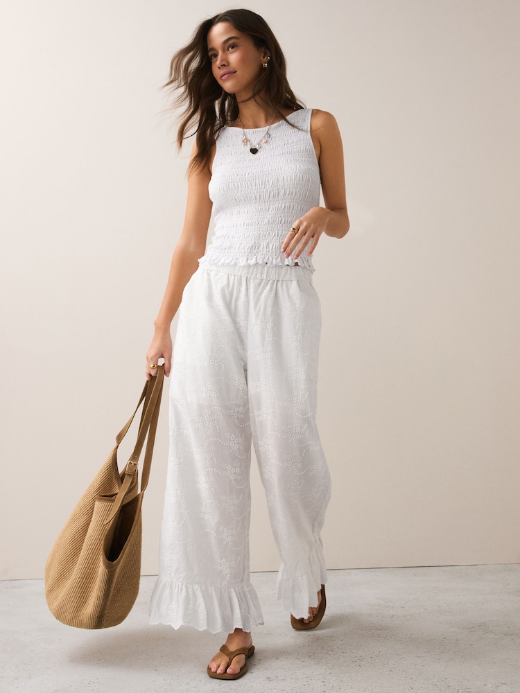 本色 - Broderie Frill Hem Crop Wide Trousers - 图片1 / 4