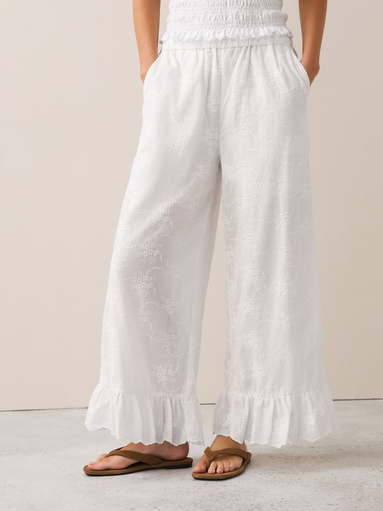 本色 - Broderie Frill Hem Crop Wide Trousers - 图片2 / 4