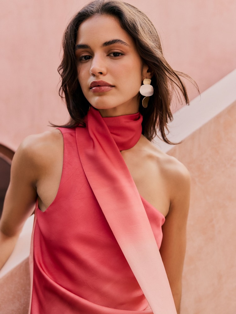 Friends Like These Red Sleeveless Satin Scarf Blouse - Image 2 of 4