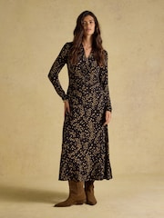 Joules Anya Brown Spot Jersey Ruched Dress - Image 1 of 7