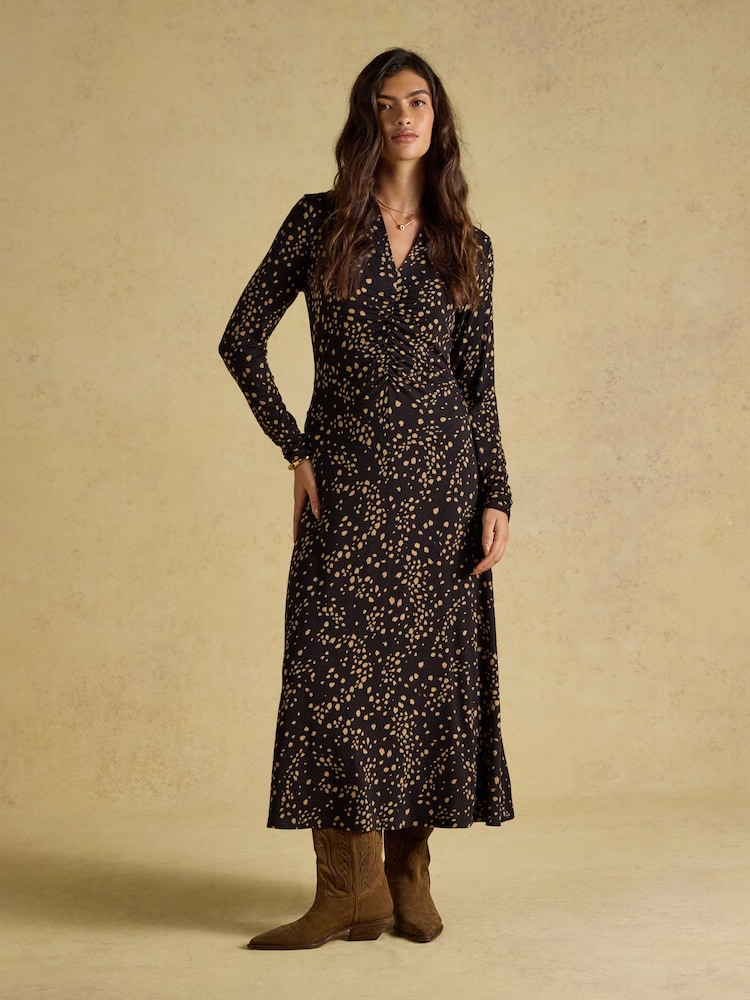 Joules Anya Brown Spot Jersey Ruched Dress - Image 1 of 7 Joules Anya Brown Spot Jersey Ruched Dress - Image 1 of 7
