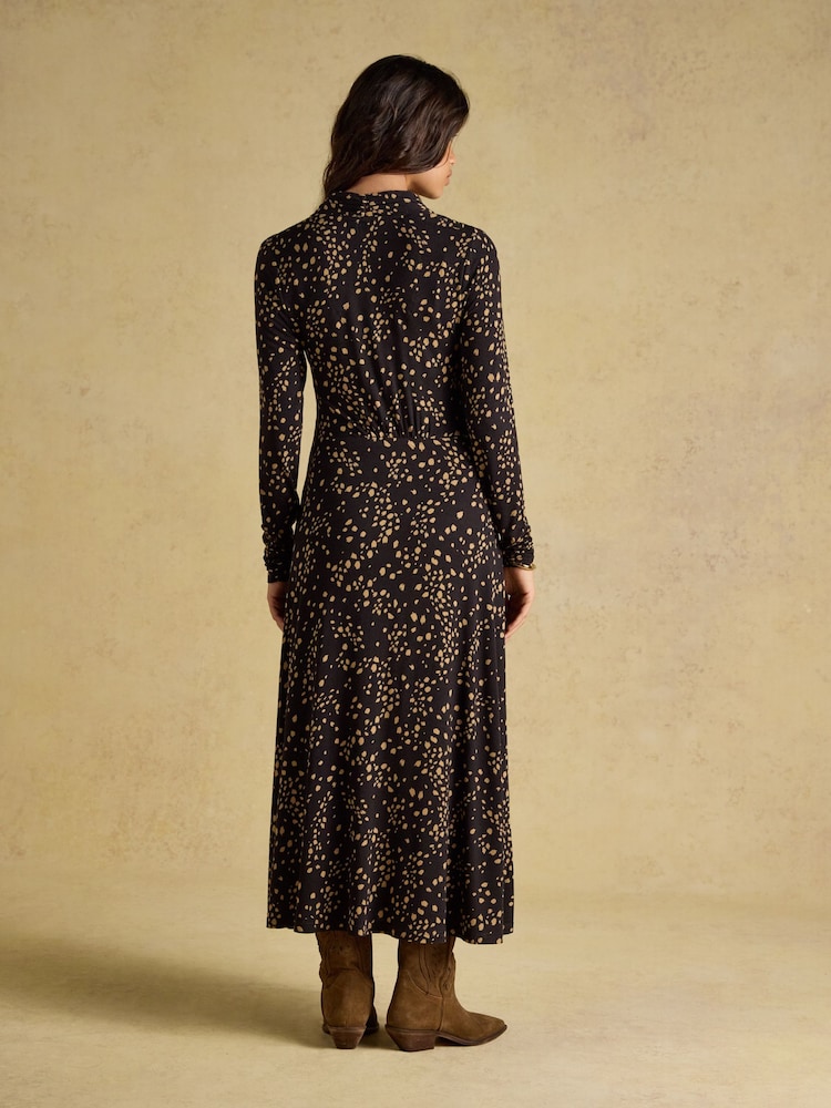 Joules Anya Brown Spot Jersey Ruched Dress - Image 2 of 7 Joules Anya Brown Spot Jersey Ruched Dress - Image 2 of 7