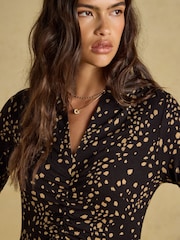 Joules Anya Brown Spot Jersey Ruched Dress - Image 3 of 7