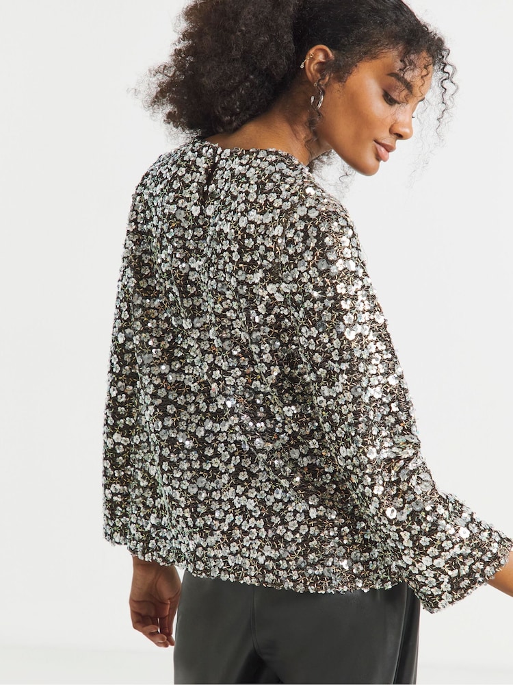 Joanna Hope Long Sleeve Beaded Black Blouse - Image 2 of 4
