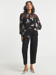 Joanna Hope Lurex Foil Bow Print Crinkle Black Shirt - Image 1 of 4