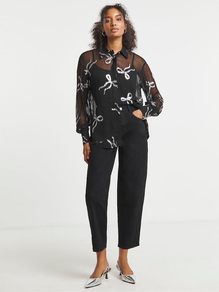 Joanna Hope Lurex Foil Bow Print Crinkle Black Shirt - Image 1 of 4