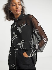 Joanna Hope Lurex Foil Bow Print Crinkle Black Shirt - Image 3 of 4