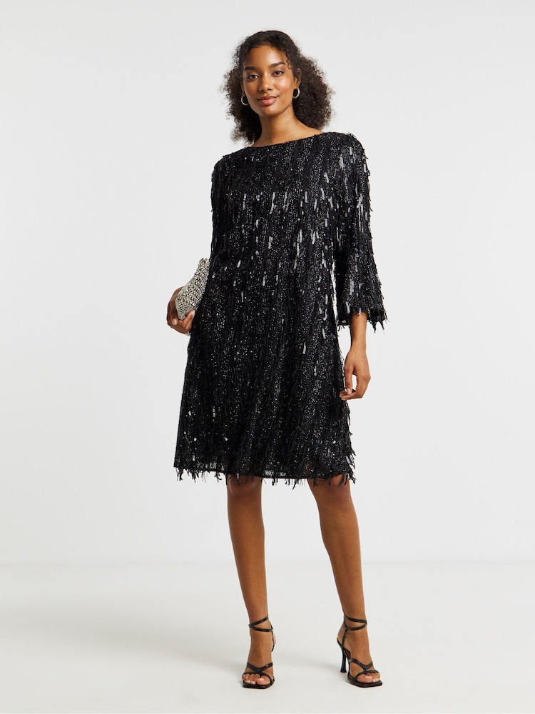 Joanna Hope Sequin Tassle Mini Shift Black Dress - Image 2 of 5