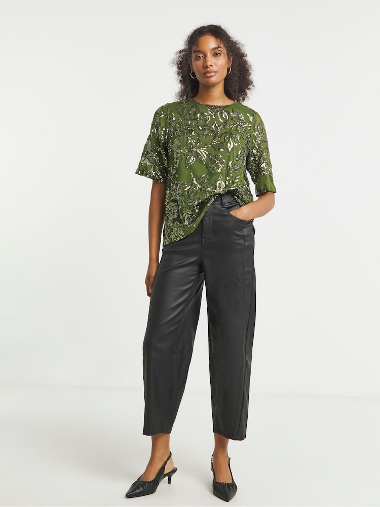 Joanna Hope Floral Sequin Green Blouse - Image 1 of 4 Joanna Hope Floral Sequin Green Blouse - Image 1 of 4
