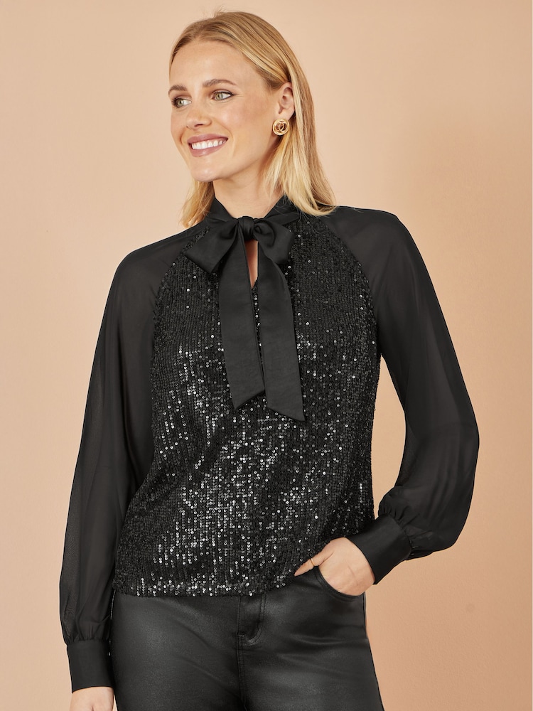 Yumi Black Sequin Pussy Bow Top - Image 1 of 4 Yumi Black Sequin Pussy Bow Top - Image 1 of 4