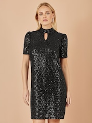 Yumi Black Sequin Tunic Dress with Chevron Pattern And a Keyhole Neckline - Image 1 of 4