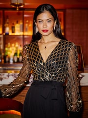 Yumi Black Sequin Wrap Over Jumpsuit - Image 2 of 5