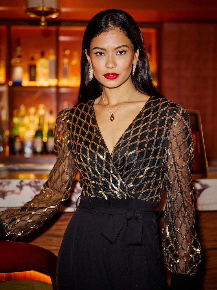 Yumi Black Sequin Wrap Over Jumpsuit - Image 2 of 5 Yumi Black Sequin Wrap Over Jumpsuit - Image 2 of 5