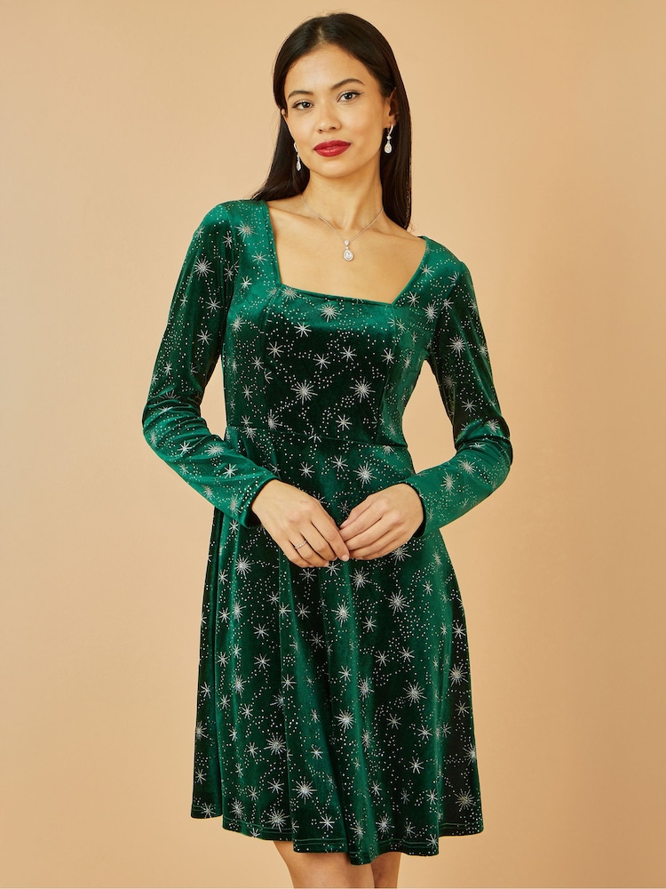Yumi Green Starburst Foil Print Long Sleeve Skater Dress - Image 1 of 5 Yumi Green Starburst Foil Print Long Sleeve Skater Dress - Image 1 of 5