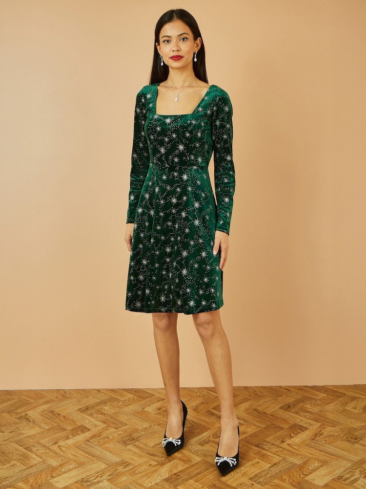 Yumi Green Starburst Foil Print Long Sleeve Skater Dress - Image 2 of 5 Yumi Green Starburst Foil Print Long Sleeve Skater Dress - Image 2 of 5