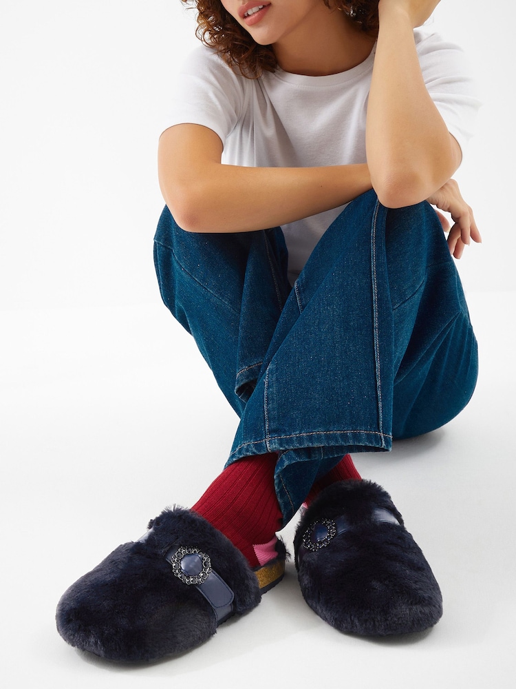 Accessorize Blue Sparkle Buckle Faux Fur Slippers - Image 1 of 2 Accessorize Blue Sparkle Buckle Faux Fur Slippers - Image 1 of 2