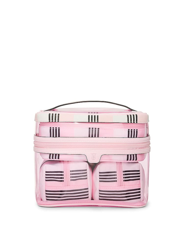 Victoria's Secret Pink and Black Stripe 4 Piece Makeup Bag - Image 1 of 3