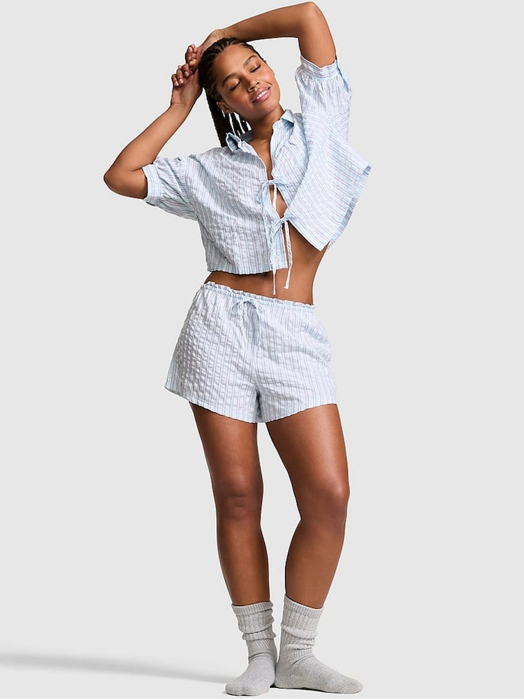 Victoria's Secret Pink Spray Blue Stripe Short Cotton Pyjama Bottoms - Image 1 of 2