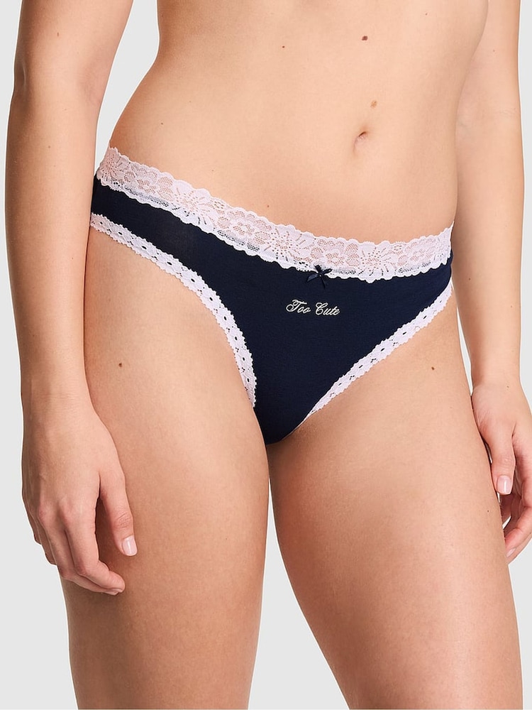 Victoria's Secret PINK Noir Navy Blue 'Too Cute' Cheeky Cotton Lace Trim Knickers - Image 1 of 2