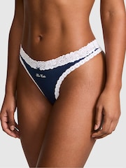 Victoria's Secret PINK Noir Navy Blue 'Too Cute' Thong Cotton Lace Trim Knickers - Image 1 of 2