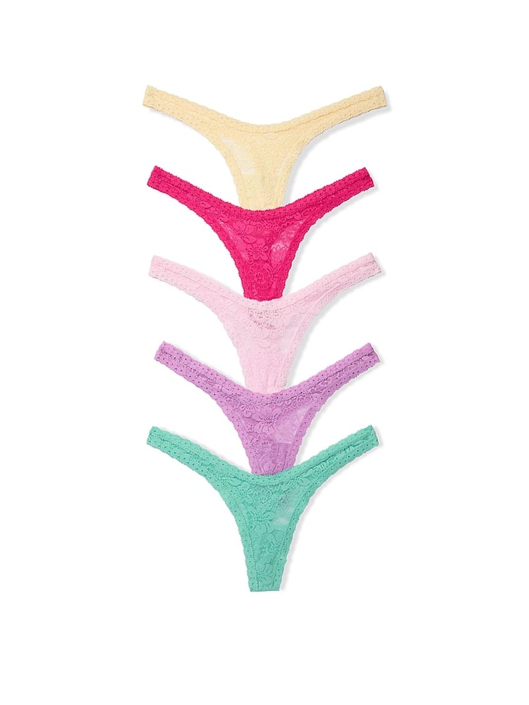 Victoria's Secret Pink Yellow/Pink/Purple/Green Mini Scoop Thong 5 Pack Lace Knickers - Image 1 of 1 Victoria's Secret Pink Yellow/Pink/Purple/Green Mini Scoop Thong 5 Pack Lace Knickers - Image 1 of 1