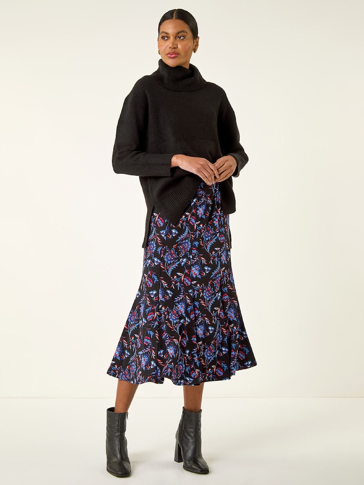 Roman Blue Floral Stretch Midi Skirt - Image 2 of 5 Roman Blue Floral Stretch Midi Skirt - Image 2 of 5