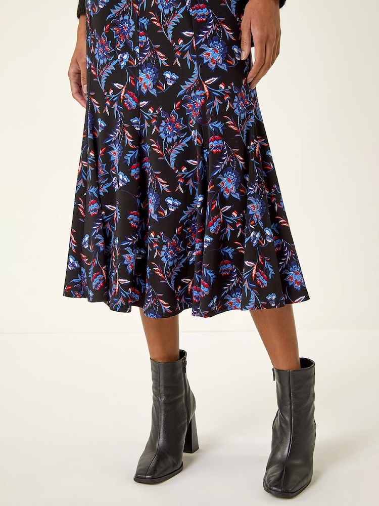 Roman Blue Floral Stretch Midi Skirt - Image 5 of 5 Roman Blue Floral Stretch Midi Skirt - Image 5 of 5