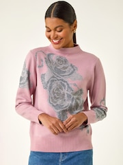 Roman Pink Floral Rose Shimmer Knit Jumper - Image 1 of 5