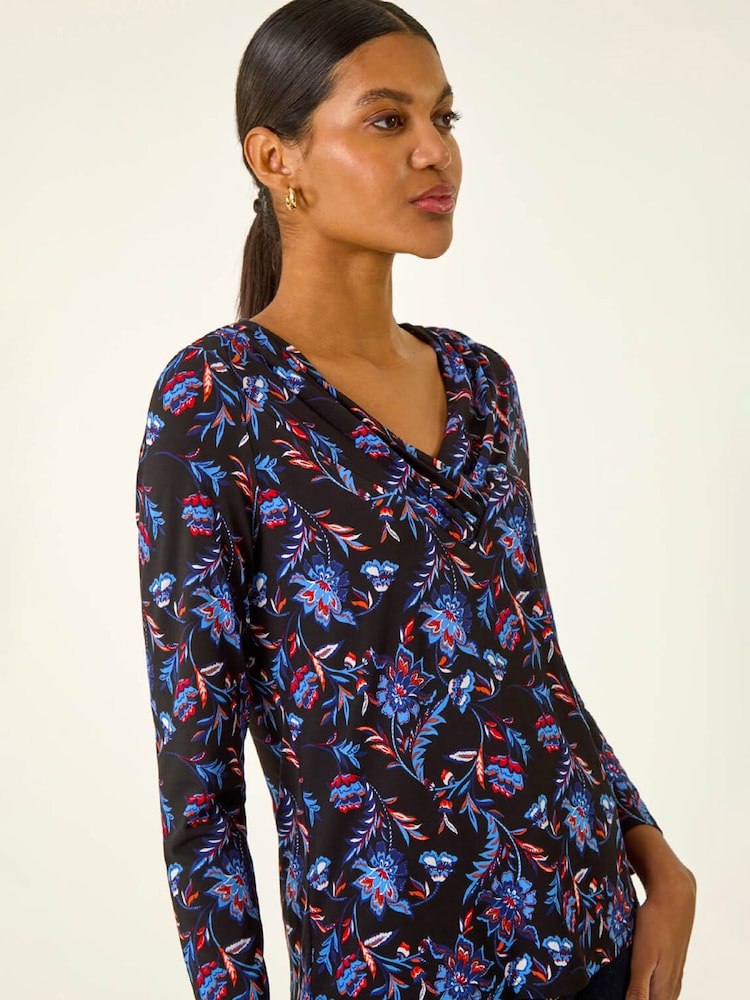 Roman Blue Floral V-Neck Stretch Blouse - Image 1 of 5 Roman Blue Floral V-Neck Stretch Blouse - Image 1 of 5