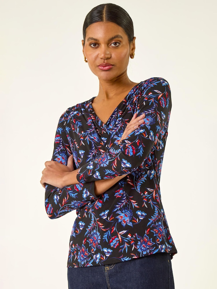 Roman Blue Floral V-Neck Stretch Blouse - Image 2 of 5 Roman Blue Floral V-Neck Stretch Blouse - Image 2 of 5