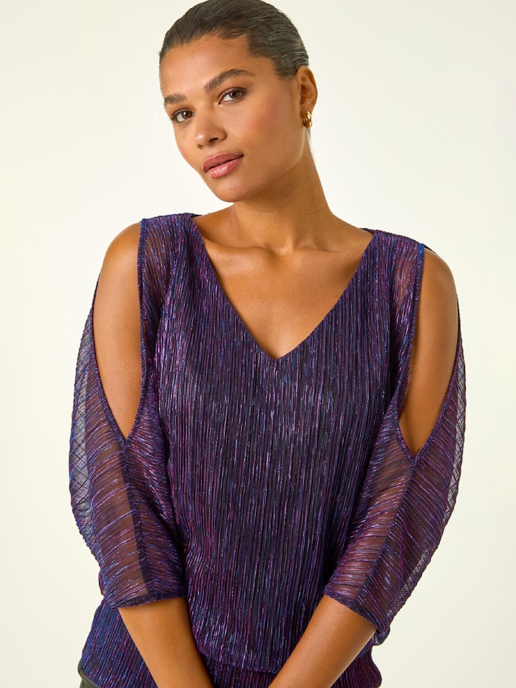 Roman Purple Metallic Plisse Banded Hem Blouse - Image 1 of 5 Roman Purple Metallic Plisse Banded Hem Blouse - Image 1 of 5