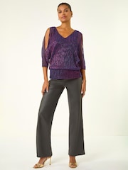 Roman Purple Metallic Plisse Banded Hem Blouse - Image 2 of 5