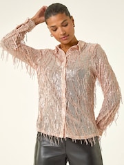 Roman Pink Sequin Tassel Stretch Shirt - Image 2 of 5